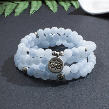 108 Natural White Chalcedony Beads Mala with Leaf Lotus Buddha Charm
